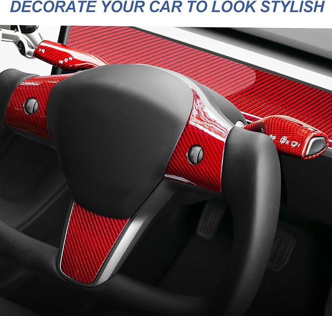 T-carbon Real Glass Fiber Steering Wheel Trim Cover Compatible with Tesla Model 3 2017-2023, Model Y 2020-2025 Steering Wheel Wrap Interior Decorative Accessories, Red
