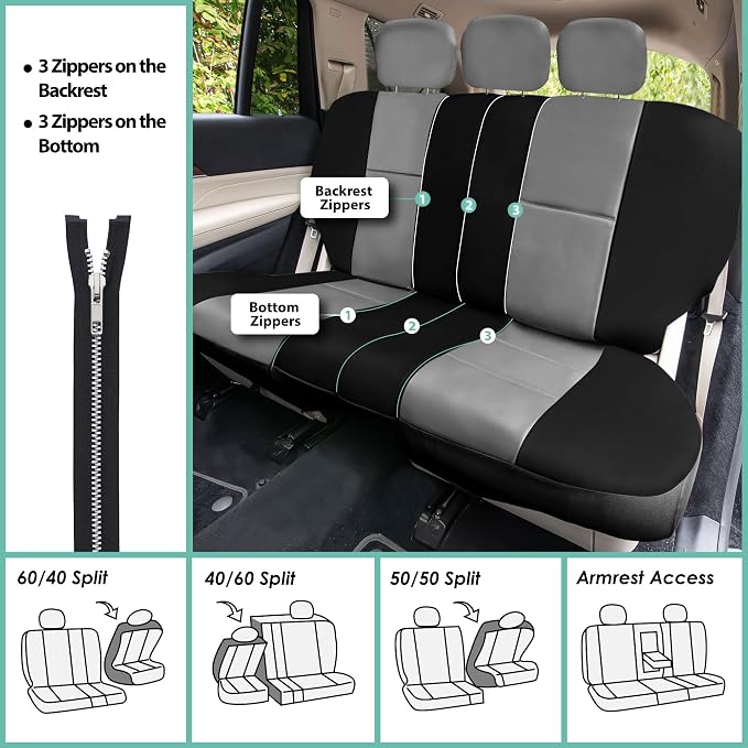 FH Group Car Seat Cover Airbag Compatible Full Set Gray Black Premium PU Leather - Split Bench Combo Vinyl Floor Mats Seat Covers Interior Accessories Universal Fit for Cars Trucks SUV