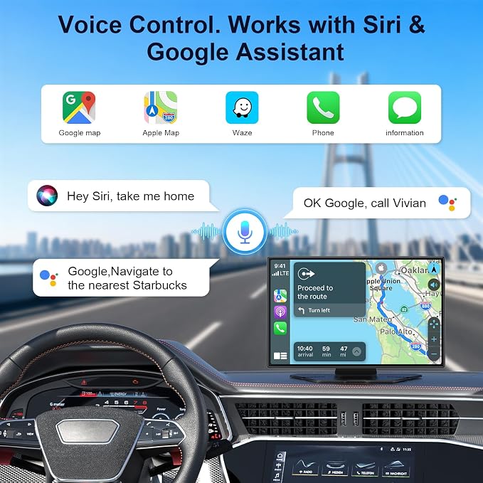 9" Wireless Apple CarPlay & Android Auto CarPlay Screen with 4K Dash Cam, Portable CarPlay Display with 1080p Backup Camera, GPS Navigation, Mirror Link, Bluetooth 5.0, FM, Voice Control