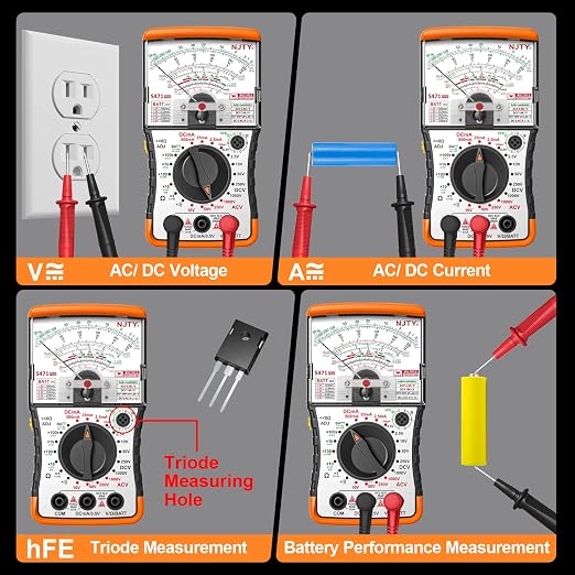 NJTY S471 Analog Pointer Multimeter, High Sensitivity Needle Meter for DC/AC Voltage Current Resistance Testing, Portable Battery and Load Tester with Built-in Fuses
