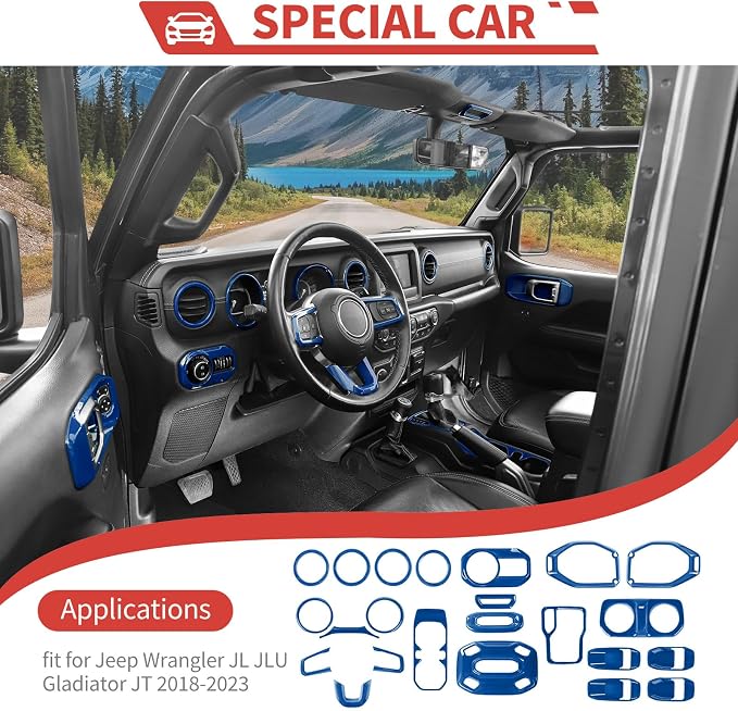 23pcs Full Set Interior Trim Kit for Jeep Wrangler JL JLU Gladiator JT 2018-2023 Steering Wheel Door Handle Air Conditioning Vent Cup Holder Reading Light Headlight Gear Cover, Blue