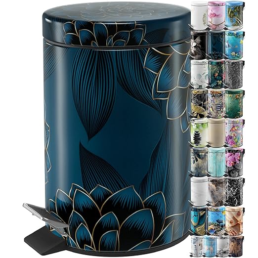 Sanilo Small Bathroom Trash Can with Lid [1.3 Gallon] - Lidded Tiny Trashcan for Garbage - Mini Metal Bin with Soft Closing Mechanism - Bath Room Accessoire Wastebin with Inner Bucket (Dahlia)