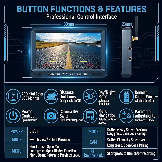 Wired Back Up Camera with Monitor,7" 1080P AHD RV Bakup Camera with Night Vision,Vibration-Proof 10G,Backup Camera for Tractor,Truck,Excavator,Caravan,Skid Steer,Heavy Equipment（Plug-and-Play）