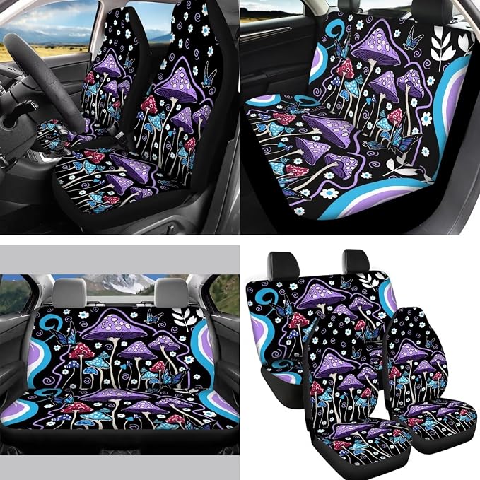 Abstract Hippie Mushroom Purple Auto Seat Cushion Decor Accessory with Coaster,Seatbelt Pad Car Car Rear View Mirror Cover,15Inch Steering Wheel Cover,Gear Shift Knob Handbreak Pads