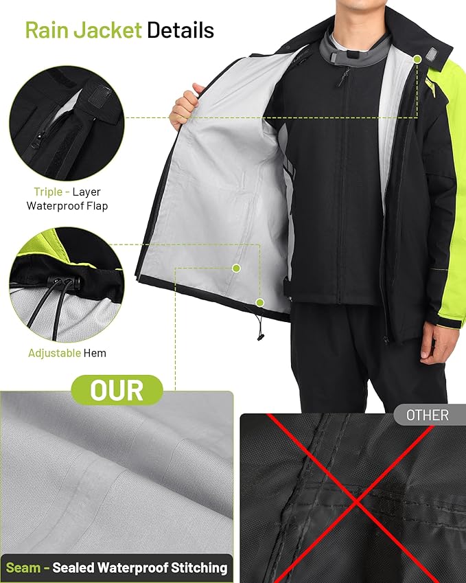 Oumurs Motorcycle Rain Suit For Men & Women Waterproof Motorcycle Rain Gear Fishing Riding Golf Working Bike Hunting Camping Rain Coat, Lightweight Nylon Reflective Rain Jacket Rain Pants