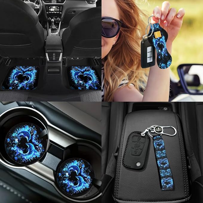 Neon Dolphin Car Accessories Full Set of 17 Pack,Blue Dolphin Car Seat Covers Sets with Front and Rear Bench,Steering Wheel Cover,Seat Belt Shoulder Pad,Key Chain Universal Car Floor Mats Set