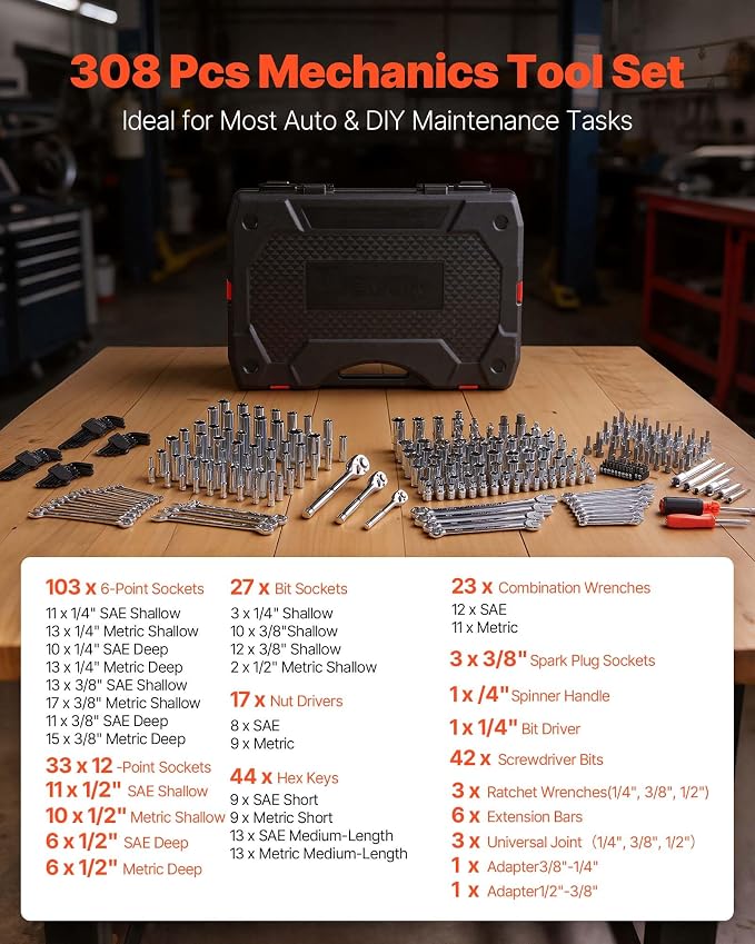 VEVOR Mechanics Tool Set, 308-Piece Mechanic Tool Kit, 1/4 in, 3/8 in, and 1/2 in Drive, SAE and Metric Socket Set, Wrenches, Screwdriver Bits, Accessories, and Storage Case, for Automotive Repair