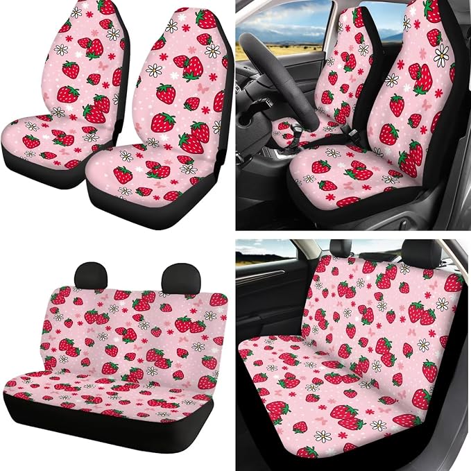 Pink Strawberry Car Seat Cover Sets with Steering Wheel Cover,Car Sun Shade,Seat Belt Covers Cup Holder with Keychain,Fruit Car Accessoires Universal Fit Most Cars SUV Trucks,16 Pack