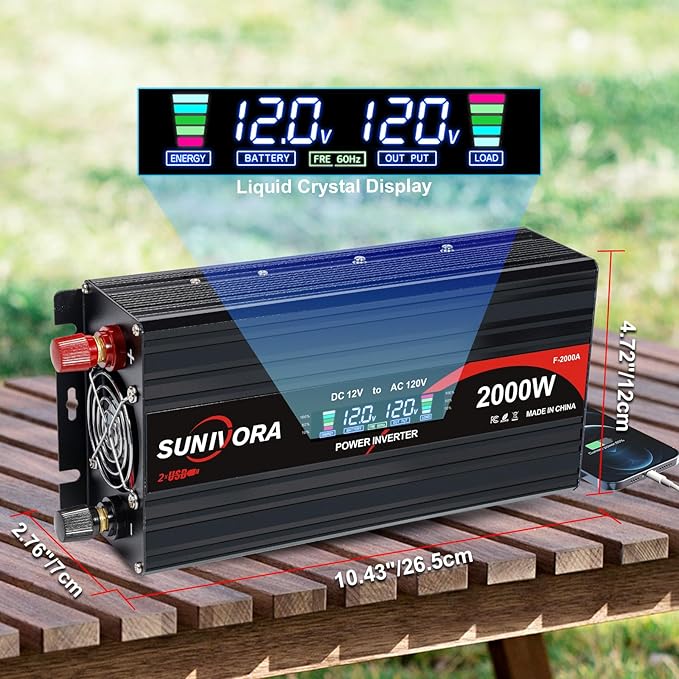 2000 Watt Power Inverter 12V DC to 110V/120V AC Converter 4000W Peak with LCD Display, 3 AC Outlets & 2 USB Ports Power Inverters for Vehicles Car Truck Boat RV Camping Solar System EPS