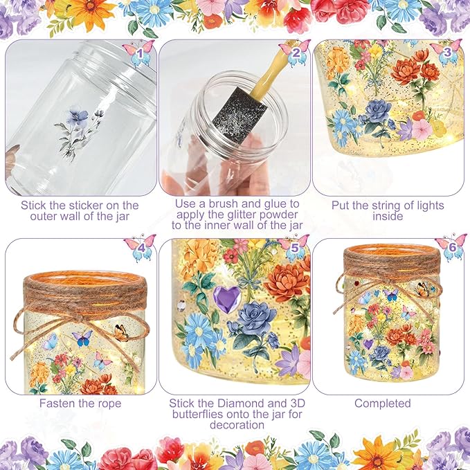 Cinrobiye 24 Set Mason Jar DIY Craft Kit Flower and Butterfly Lanterns with LED Lights Spring Table Centerpiece Decorations Wedding Baby Shower Party Supplies