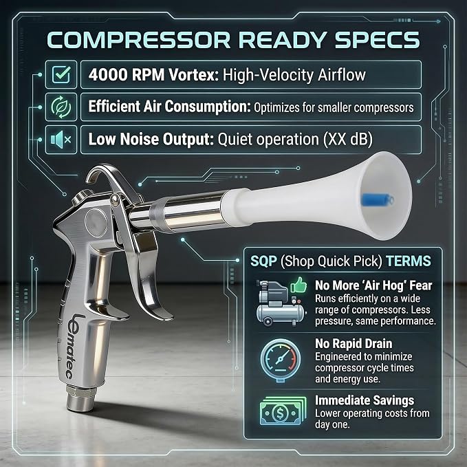 LE LEMATEC Vortex Air Gun, 4000 RPM Compressor Car Detailing Tool | Tornado upholstery & carpet cleaner, interior dust blaster, blower nozzle, low noise, lightweight