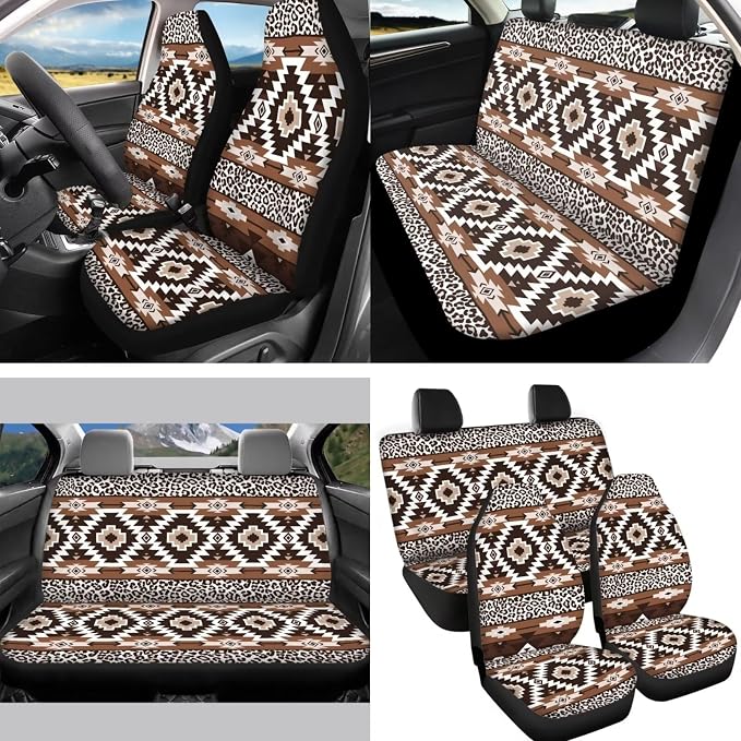 Leopard Tribal Aztec Seat Covers Front Back Seats Full Set Car Protection Accessory,Comfy Elastic Front Rear Bench Seat Covers for Most Vehicle,Steering Wheel Cover,Keys,Coaster,Mirror Covers