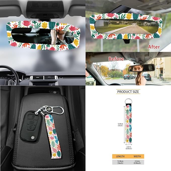 Floral Cactus Print 15 Pack Car Seat Covers Set with Steering Wheel Cover Seat Belt Strap Pad Rear View Mirror Cover Air Vent Storage Bag Garbage Cans Cup Holder Keychain Car Decor