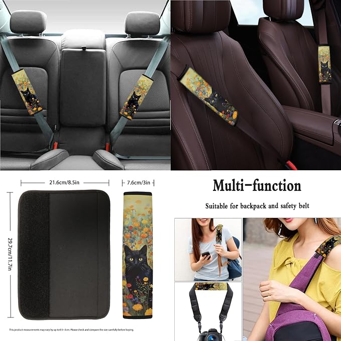 Xoenoiee Black Cat Floral Pattern 11 Pcs Car Accessories Car Seat Covers Full Set with Steering Wheel Covers, Universal Front Seat and Rear Bench Cover, Seat Belt Pads, Cars Coaster, Key Chains