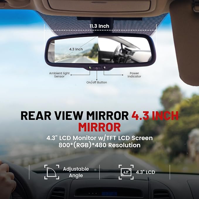 RED WOLF Tailgate Backup Camera + 7" Rear View Mirror Screen Monitor Fit for Ford 2004-2014 F150/ 2009-2016 F250/F350 Pickup Trucks 4.3” Mirror Video LCD, Reverse Adjustable Parking Line Safety