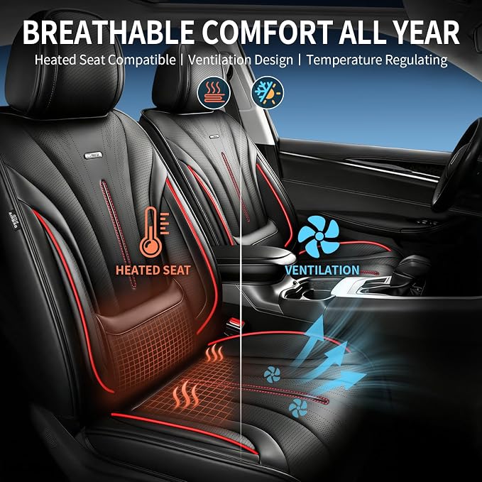 Fit Encore GX Car Seat Covers for Select Buick Encore GX 2020-2026 - Full Coverage Leather, Airbag Compatible, Waterproof & All Weather Seat Cushion Protector, Full Set, Black with Red Trim