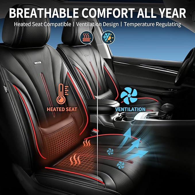 Fit XT4 Car Seat Covers for Select Cadillac XT4 2019-2026 - Premium Full Coverage Leather, Airbag Compatible & Scratch-Resistant, Waterproof & All Weather Seat Protector, Full Set, Red Trim