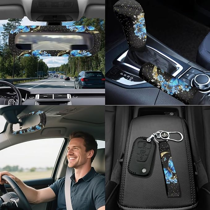 Butterfly Moon Car Seat Covers Full Set 18 Pieces Universal Car Interior Accessories Set with Blue Butterfly Flower Print Car Seat Belt Pads Cover Car Headrest Covers Cup Coasters Keychain
