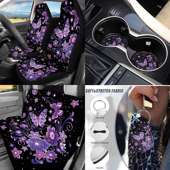 Purple Butterfly Car Cover Seats Full Set of 17 Pcs Purple Butterfly Car Accessories Set with Car Mats Full Set Steering Wherl Cover Seat Belt Cover Pad Center Console Cover,Universal Fit