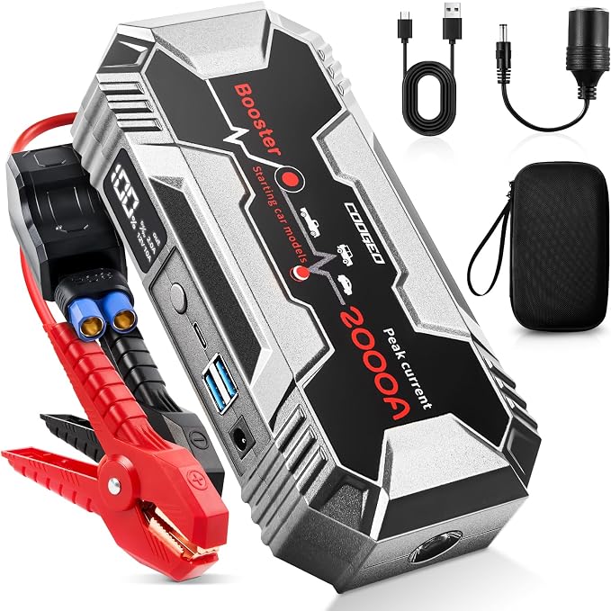 Fathers Day Dad Gifts for Men, Car Battery Jump Starter Portable, 2000A Jump Starter Battery Pack for 8.0L Gasoline and 6.0L Diesel Engines, 12V Jump Box for Car Battery with EC8 Jumper Cables, Black