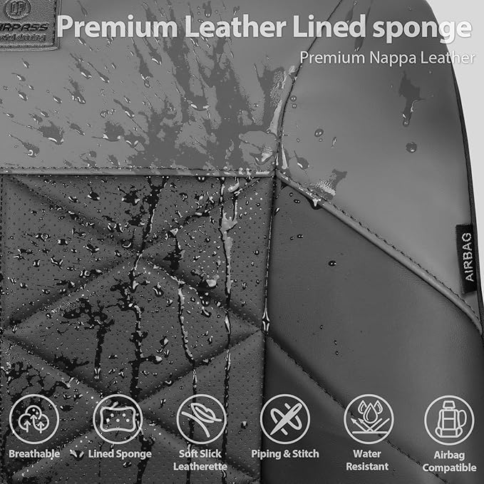 CAR PASS Nappa Leather Waterproof Car Seat Covers Two Front, 3D Foam Automotive Seat Covers with Memory Foam, Universal Fit for Cars SUV Truck Sedan, Airbag Compatible,Black Grey
