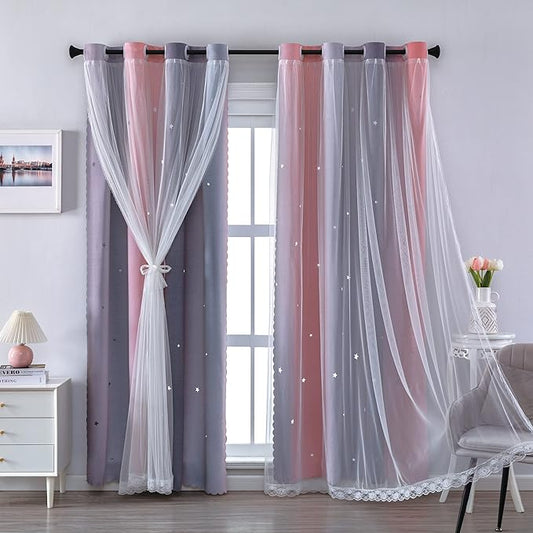 XiDi Curtains for Girls Bedroom Decro,Full Blackout 84 Inches Long for Kids Room, Colorful Rainbow Style, Unicorn Wall Decor Ombre Curtains, Princess Room Pink/Grey
