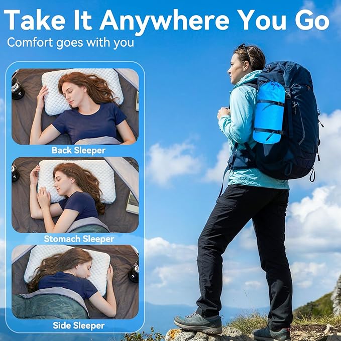 Camping Pillow with Memory Foam-Compressible Medium Firm, Ultralight Cooling Travel Pillow, Outdoor Pillows Ideal for Backpacking, Hiking, Camping, Airplane,Car, Small Beach Pillow with Washable Cover