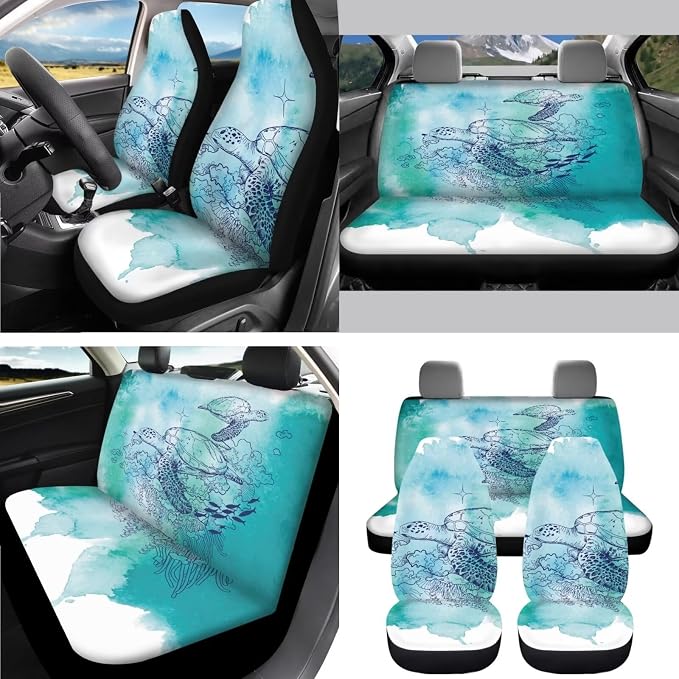 AFPANQZ 11 Pieces Car Accessories Set Sea Turtle Car Seat Covers Full Set with Hand Brake Cover + Gear Shift Knob Cover + Seat Belt Pads + Car Coaster + Steering Wheel Cover Blue Interior Decor