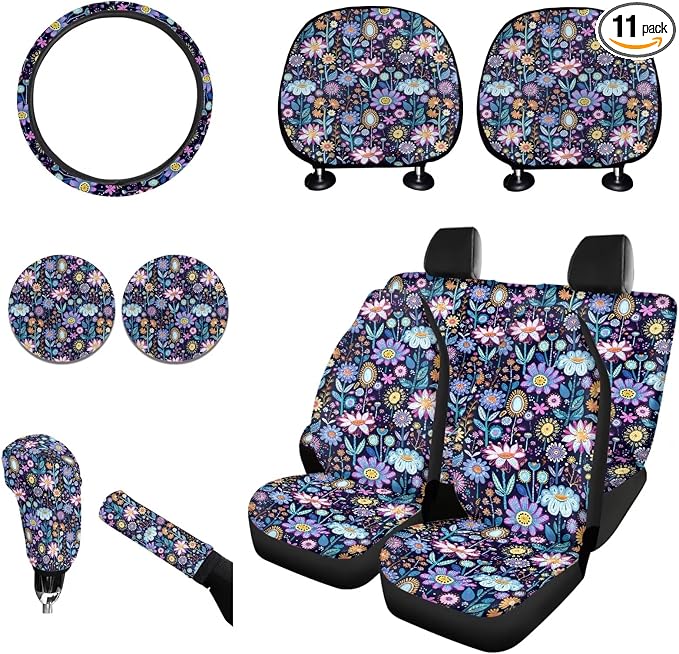 Wanyint Hippie Flower Lotus Blue Purple Car Seat Cover Full Set, Soft Car Seat Protector with Steering Wheel Cover Shift Knob Handbrake Cover Coasters Headrest Cover Universal Fit Most Cars