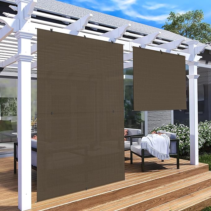 Patio Shades Roll Up Outdoor 5'Wx7.5'H Foldable Roller Shade Patio Blinds Exterior Block Sun Screen for Outside Porch Deck Balcony Pergola Carport, Brown