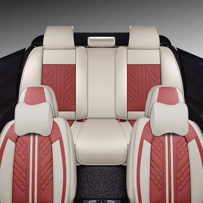 GXT Deluxe Faux Leather Full Coverage Car Seat Cover Anti-Slip Universal Fits for Sedans SUV Pick-up Truck with Headrests,Interior Accessories(White and Red)