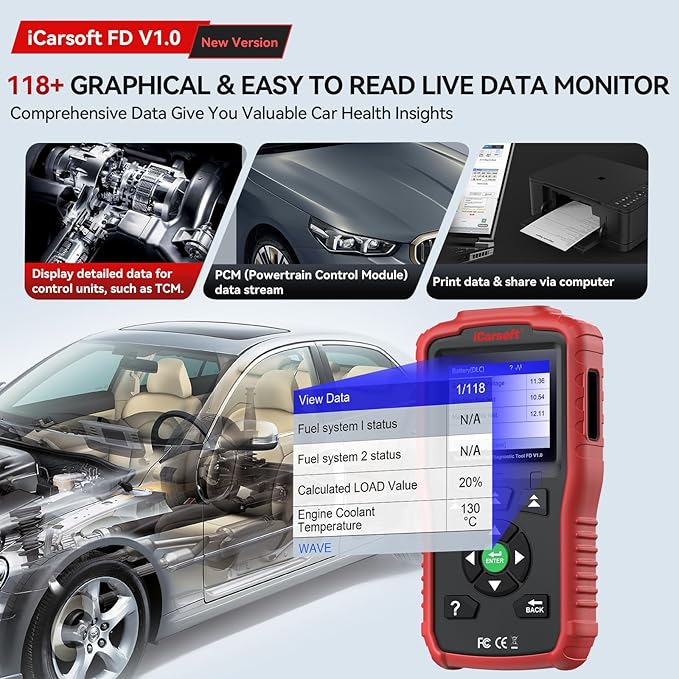 iCarsoft OBD2 Scanner for Ford/Holden, FD V1.0 All System in-Depth Diagnostic Scan Tool, Oil/SAS Reset/Live Data, ABS Airbag Engine Transmission Code Reader OBD2/EOBD/CAN Scan Tool