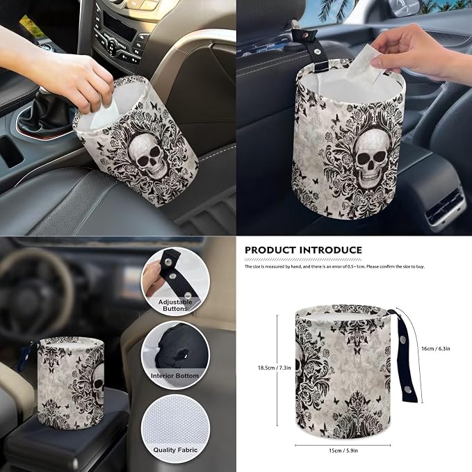 Gothic Skull Print Car Seat Covers Front and Back Full Set with Steering Wheel Cover Armrest Cushion Safety Belt Pads Rearview Mirror Cover for Most Cars, Easy to Install, Brown