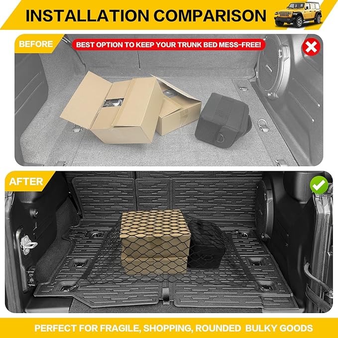 Cargo Mats & Trunk Net for 2018-2024 Jeep Wrangler JL Unlimited 4X4 Trunk Mat Backrest Liner with Cargo Net All Weather Rear Back Seat Mat Cargo Net for Wrangler JL 4 Door Accessories Only
