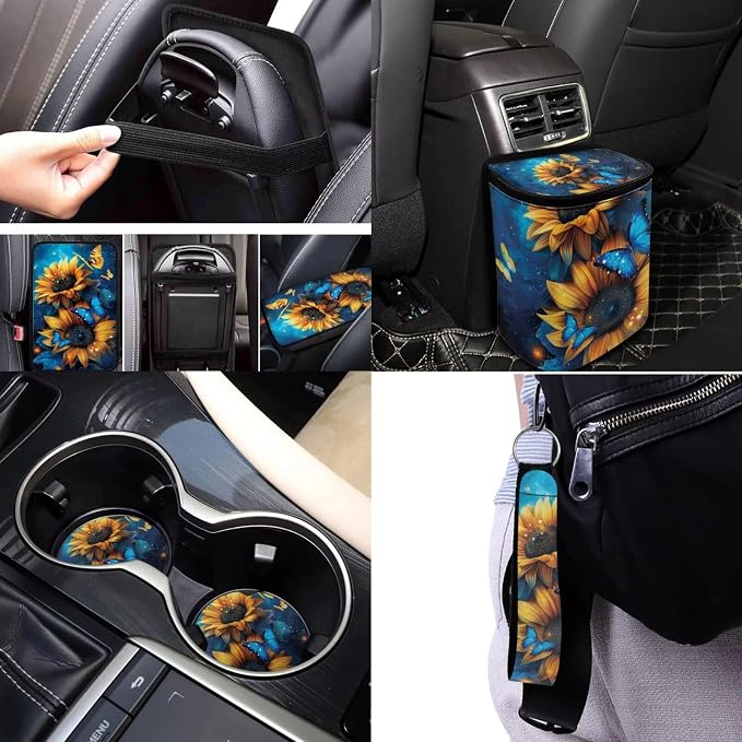 Sunflower Car Seat Covers Full Sets for Women,17 Pack Butterfly Car Accessories with Headrest Covers,Steering Wheel Covers,Trash Container for Car Universal Automotive Decor,Easy to Install