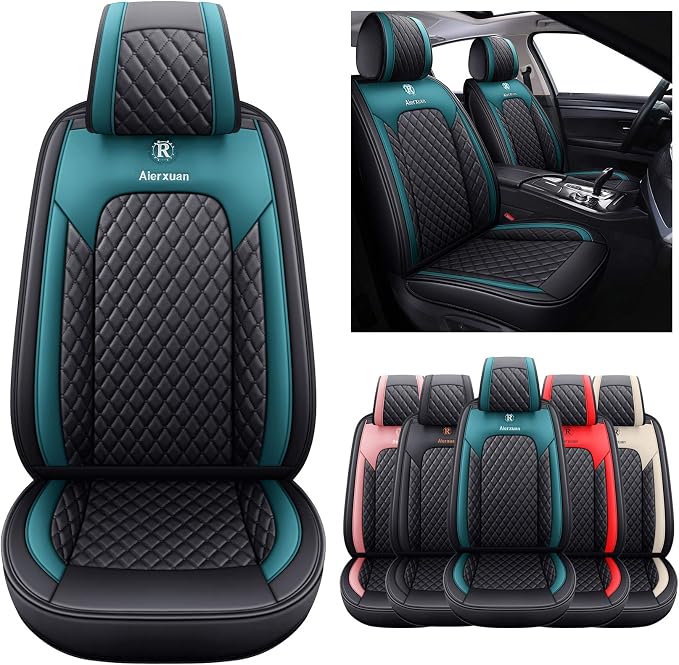 Aierxuan Front Seat Covers for Cars Leather Waterproof Cushions Universal Fit for Honda Accord Civic Toyota Corolla Highlander Ford Focus Fiesta Fusion Escape Nissan (2 PCS Front, Black-Green)