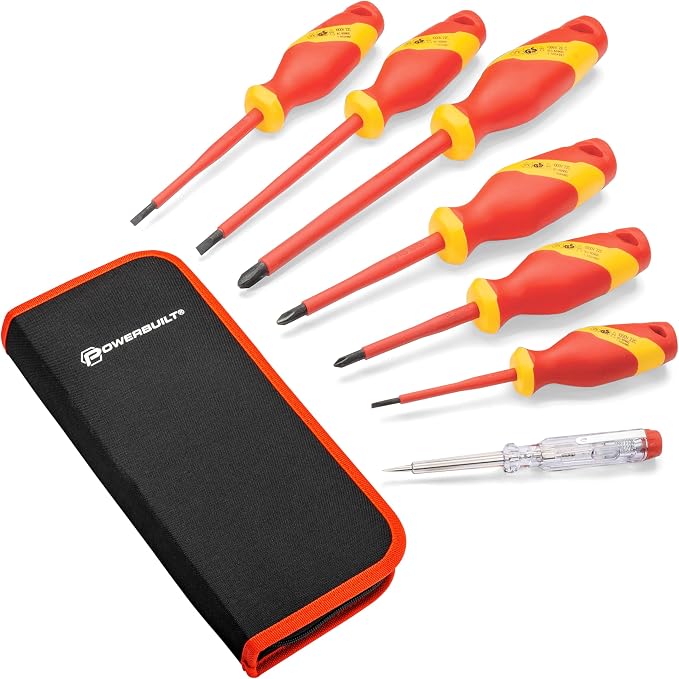 Powerbuilt 7-Piece VDE Screwdriver Set, Insulated for High-Voltage Electrical and Hybrid Vehicles, Home Repair - 642936