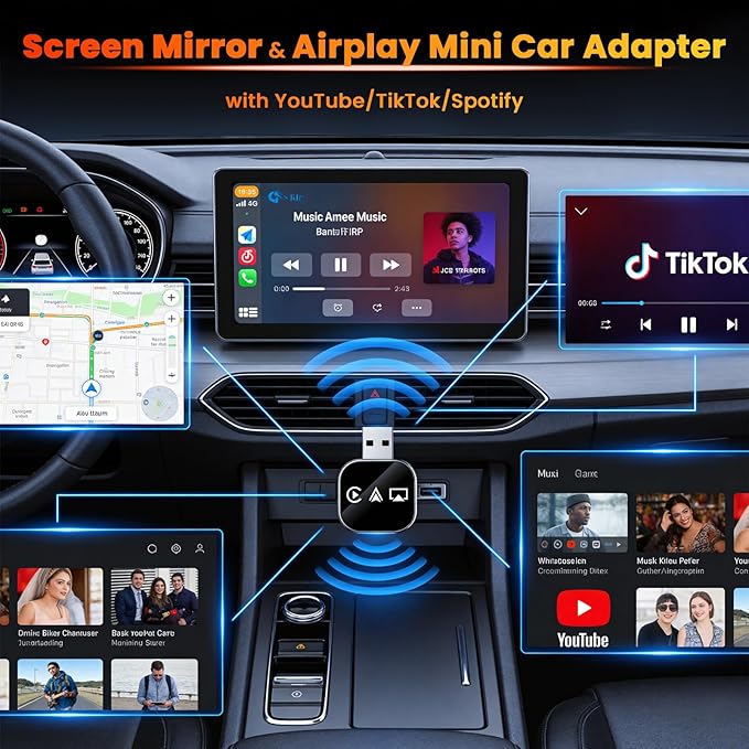 Wireless Carplay Adapter 3 in 1 2026 Updated Screen Mirroring Device for iPhone USB Cars with Bluetooth to Android Auto Video Input TV Watch Movies Airplay Smart Box on Interior Electronics Auxiliar