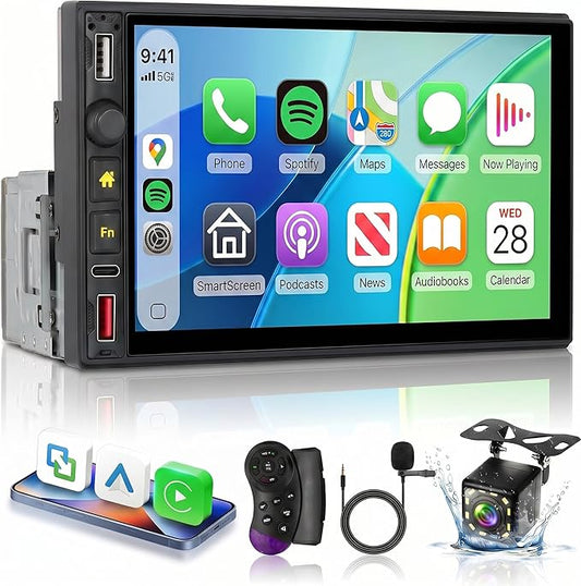Single Din Radio Car Stereo with Wireless CarPlay & Android Auto, 7 Inch IPS Touch Screen Car Audio with Bluetooth，Mirror Link, FM,EQ, USB/Type-C/U Disk, SWC for Single Din Car Stereo