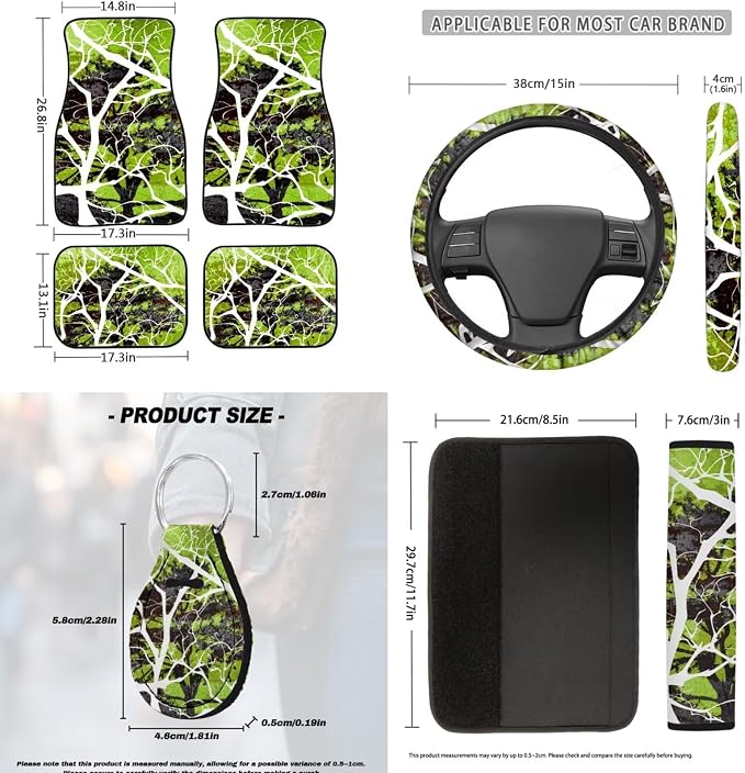 18 Pcs Green Branch Design Car Seat Covers Full Set Auto Interior Accessories with Steering Wheel Cover Floor Mats Armrest Cover Seat Belt Pads Roof Handle Wraps Cup Coaster Keychain
