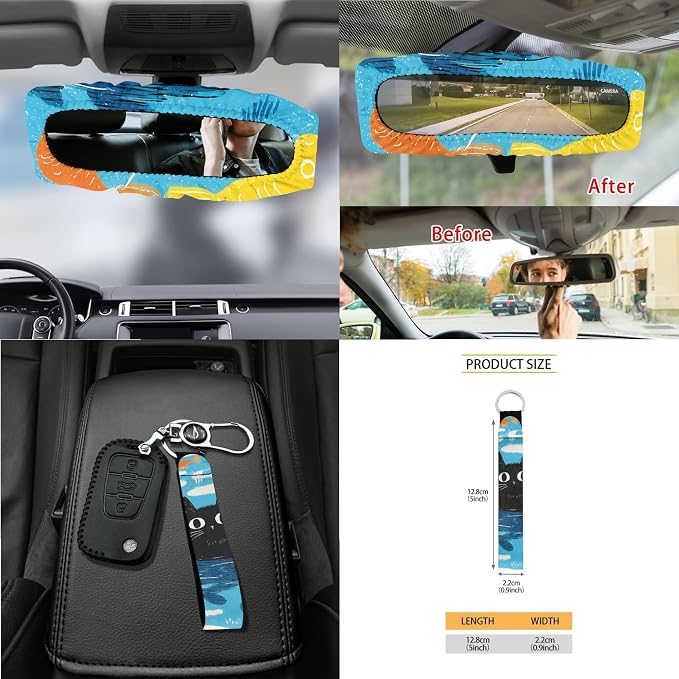 Cartoon Cat Print Car Front Back Seat Covers Set of 15 Steering Wheel Covers Trash Cans Air Vent Storage Bag Seatbelt Strap Cover Rear View Mirror Covers Cup Coasters Keychain