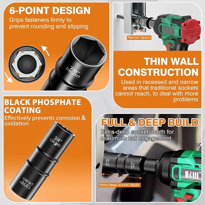 1/2 Inch Drive 3/4" x 13/16" Thin Wall Impact Flip Socket,XEWEA Lug Nut Impact Socket Set Double Ended Thin Wall Nut Sockets CR-MO Twist Removal Tool for Stripped Rusted Bolts