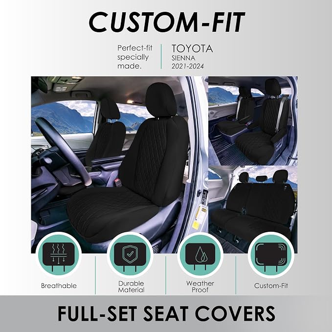 FH Group Custom Fit Car Seat Covers Specifically Made for Toyota Sienna 2021-2024, Black Ultraflex Neoprene Full Set Automotive Seat Covers, 7 Seater SUV Seat Covers, Toyota Accessories