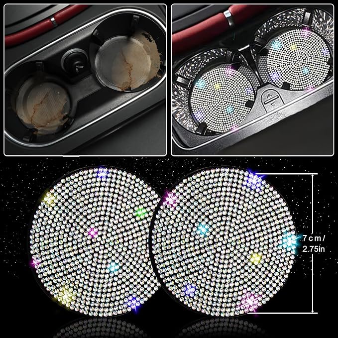 NBTEPEM 12 Pcs Bling Car Accessories Set for Women Car Floor Mats Full Set Steering Wheel Cover Seat Belt Covers Coasters Universal Fit Car SUV Truck Van Multicolor