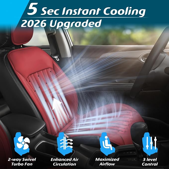 Paffenery 2026 Upgraded Cooling Car Seat Cover Front Seat, 12V-24V Ventilated Cooling Car Seat Cushion, Cooled Seat Cover for Car SUV Truck Universal Fit, Wine Red
