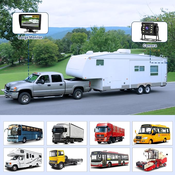 Backup Camera AHD 7'' 1080P Reverse Rear View Back up Cameras System Kit Monitor with HD Night Vision Waterproof IP69K DIY Guide Line Vehicle Backup Camera for Trucks/RV/Trailer/Van/Bus/Skid Steer.