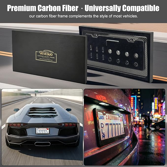 Real Carbon Fiber License Plate Frame 5PCS Gift Set, Car Accessories with RFID Blocking Carbon Fiber Pattern Wallet, Keychain, Cup Holder Mats & Tire Valve Caps, Screw Caps, Rattle-Proof Pad