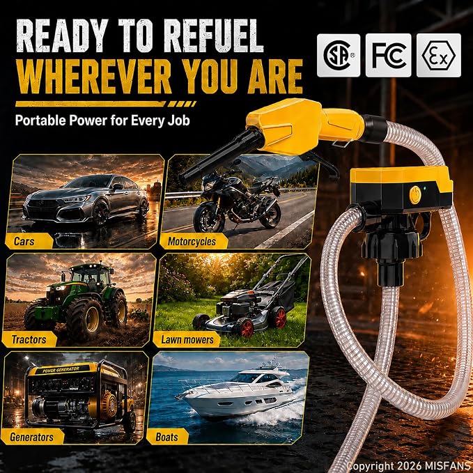 5 GPM Auto-Stop Cordless Fuel Transfer Pump with Hand Trigger Nozzle, Gas Can Pump Compatible with DeWalt 20V & Milwaukee 18V batteries, Portable Electric fuel Pump with Gasoline, Diesel (Bare tool)