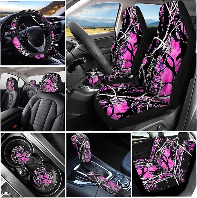 KEIAHUAN Pink Camo Front and Rear Bench Seat Cover Full Set,Camouflage Steering Wheel Cover,Car Headrest Cover,Coaster,Gear Shift Knob Cover with Handbrake Cover,Car Accessories Set