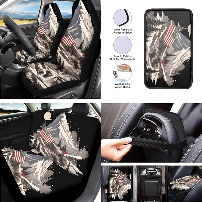 Snow Mountain 13 PCS Car Seat Cover American Flag Set Steering Wheel Cover Cup Coasters Decor July 4th Mountain Landscape Car Seat Accessory Fit for Trucks SUV